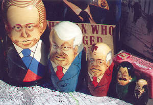 A metroishka (Putin-topped) of 5 recent Russian leaders. Putin, Yeltsin, Gorby, Stalin, Lenin.