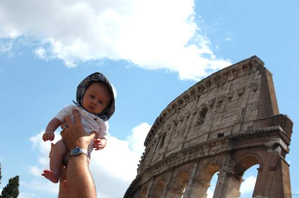Joey holding Jack for the bird's-eye-view of Rome