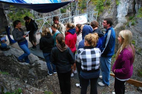 The group getting weighed and told instructions before the jump