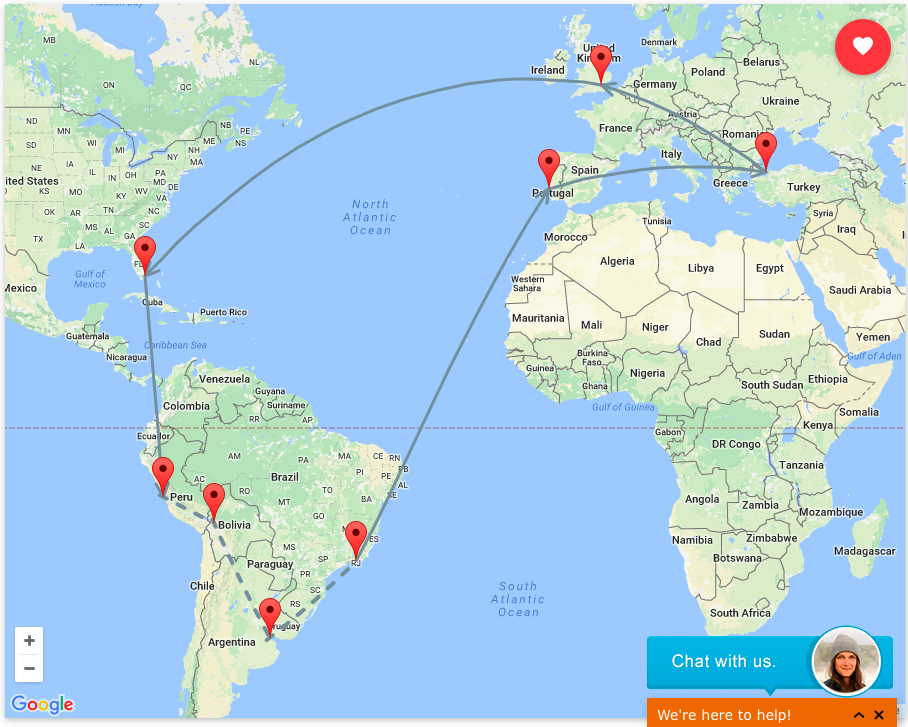 A multi-city route including stops in South America